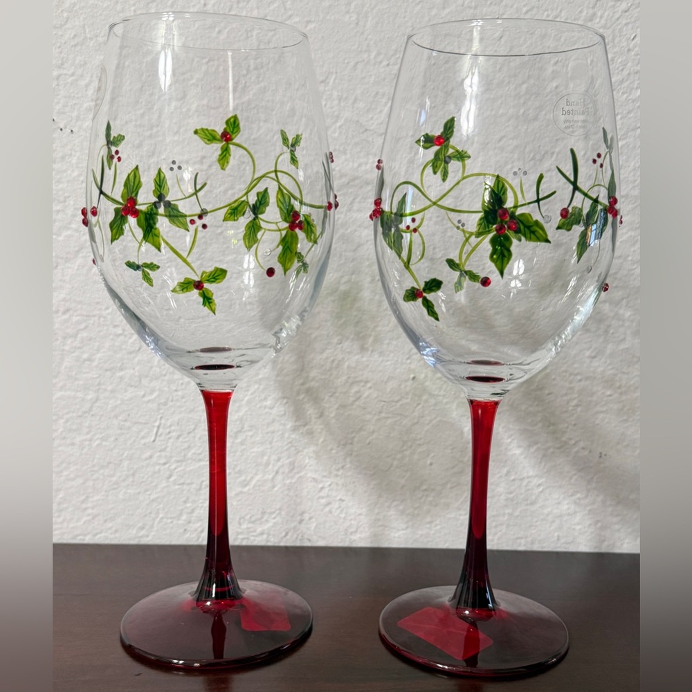 Hand Painted Crystal Wine Glasses Holly with Red Jewel Design. Set of Two. NWOT.